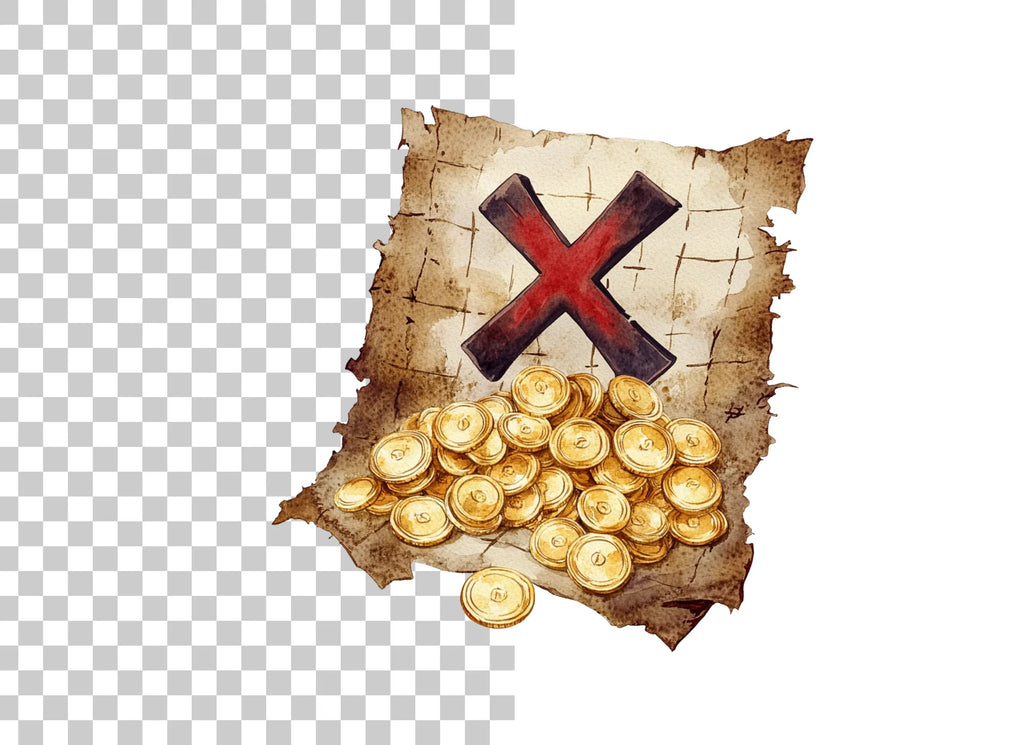Pirate Treasure Map and Gold Coins Clipart Bundle