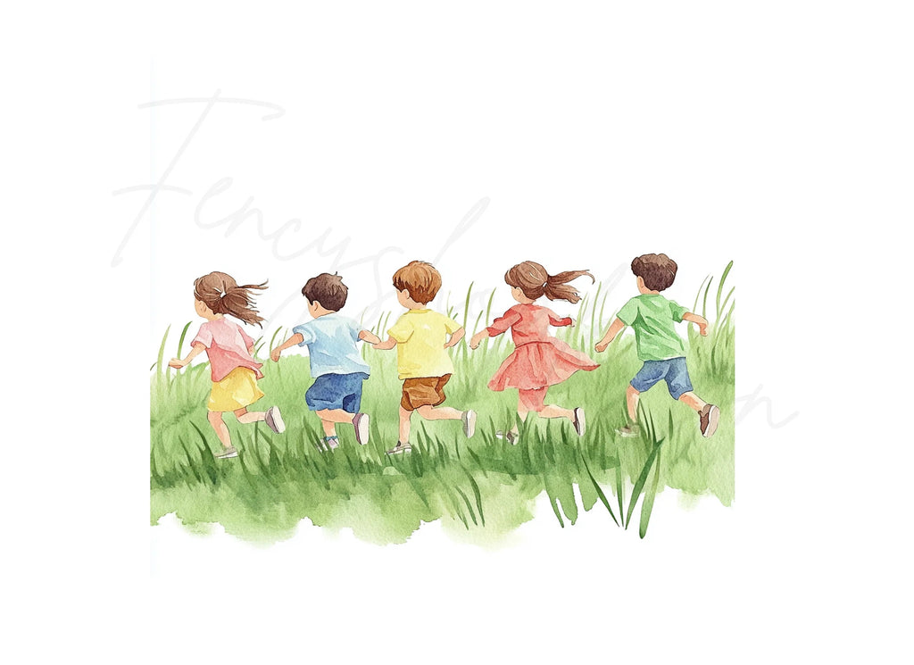 Kids Running in Grass Clipart Bundle
