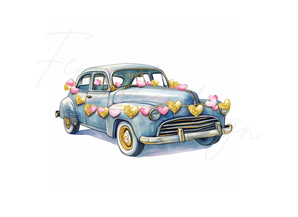 Vintage Cars with Heart Garlands Clipart Bundle