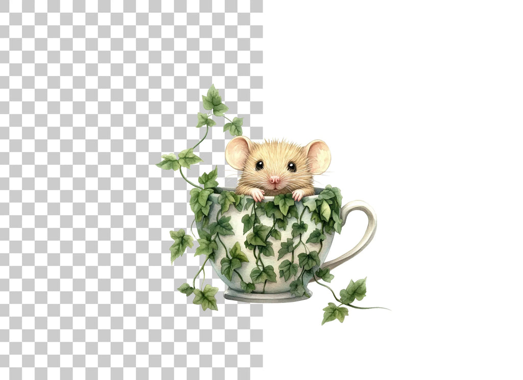 Cute Mice in Ivy Teacups Clipart Bundle