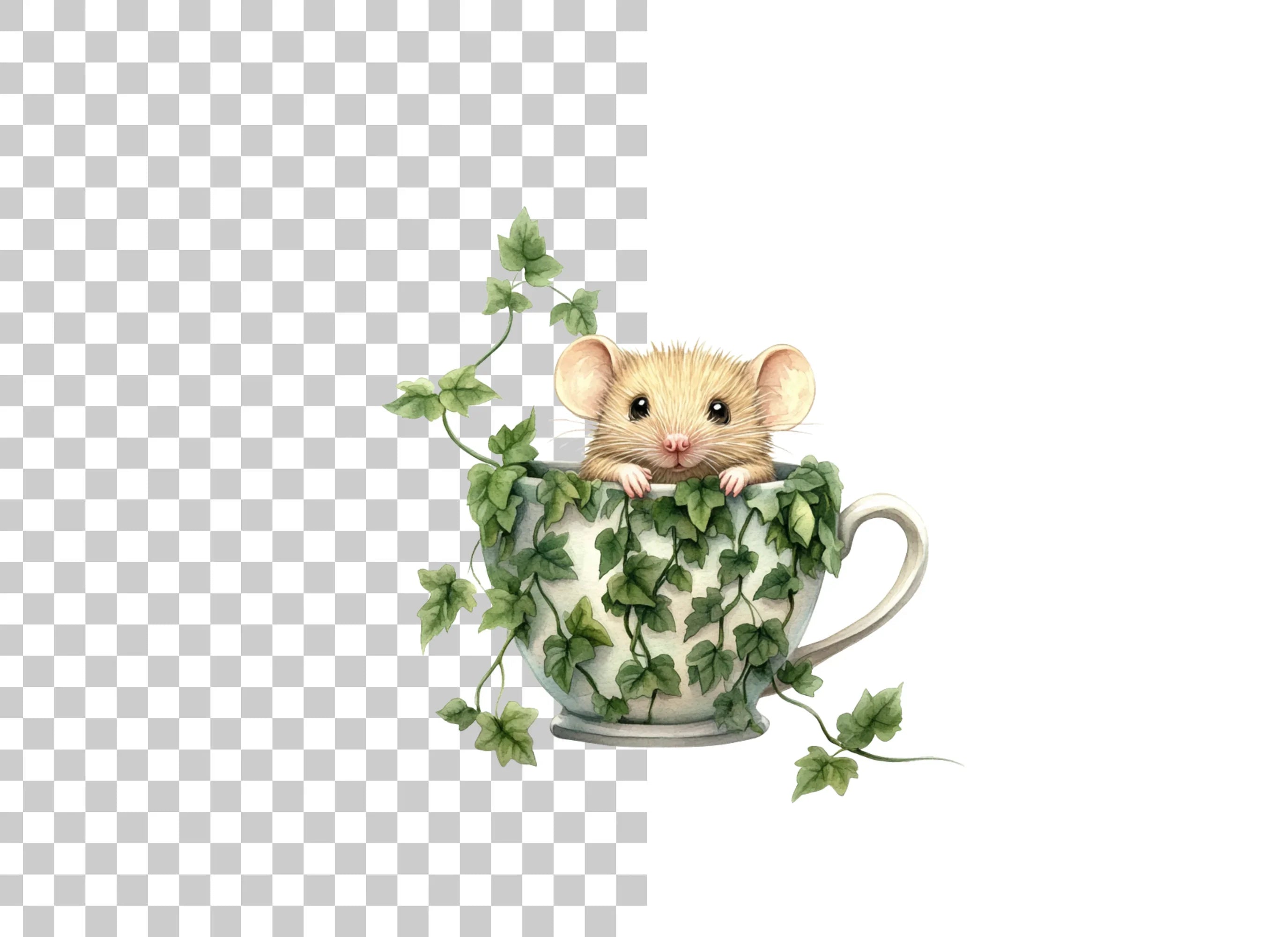 Cute Mice in Ivy Teacups Clipart Bundle