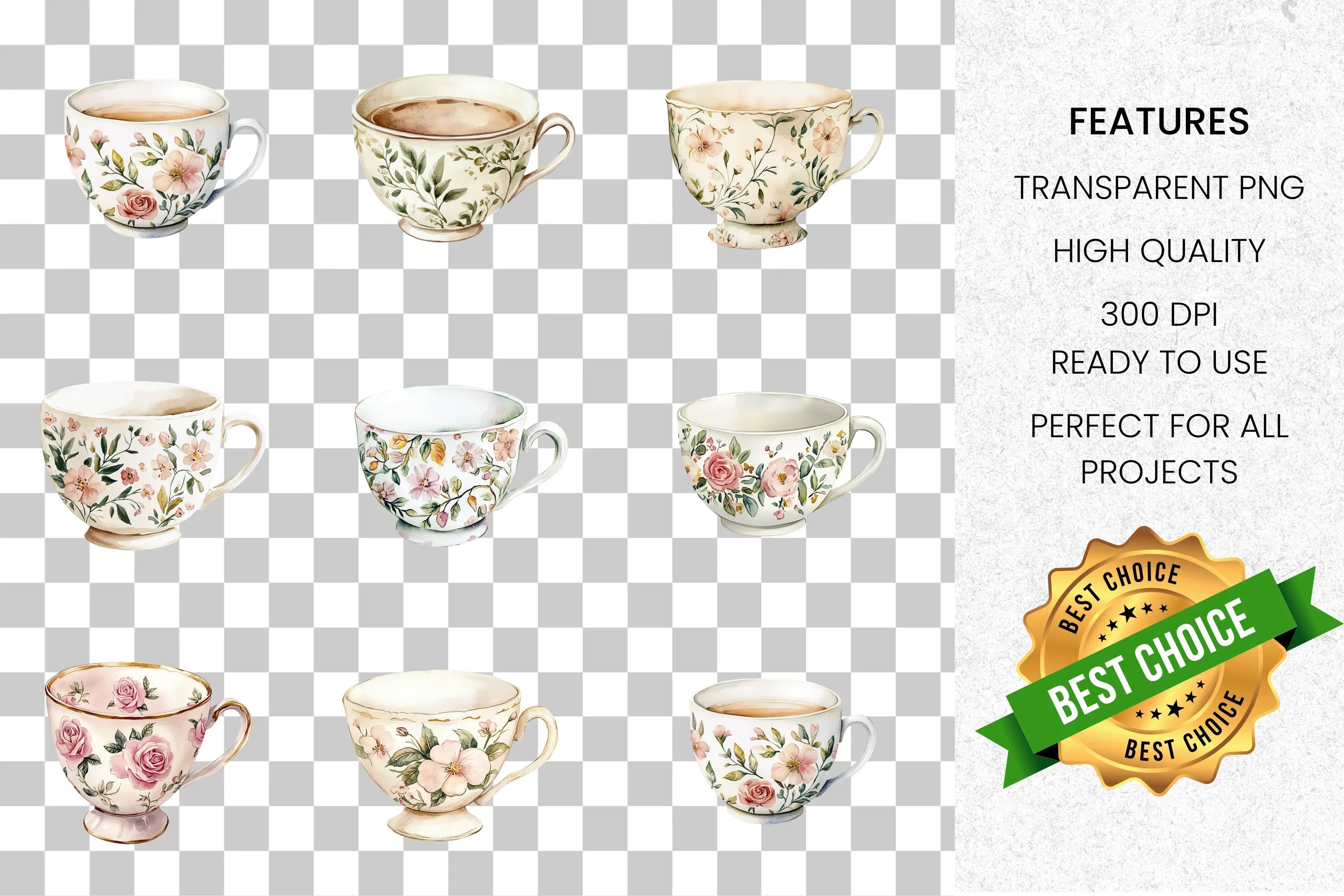 Floral Teacups Clipart Bundle