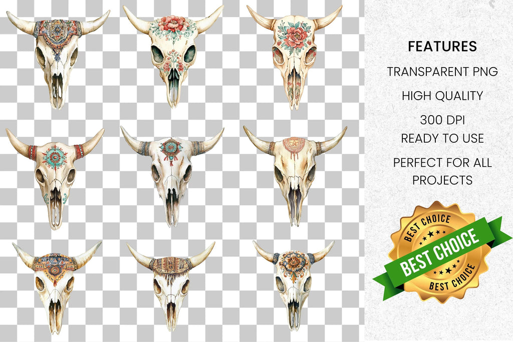 Boho Bull Skull Clipart Bundle