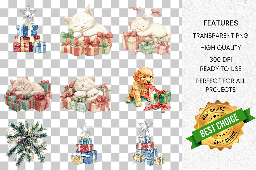 Christmas Presents & Cute Animals Clipart Bundle