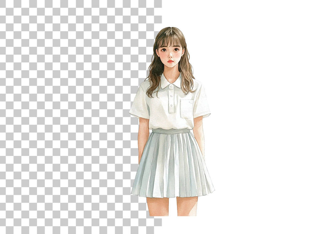 Cute Anime Girl in Pleated Skirt Clipart Bundle