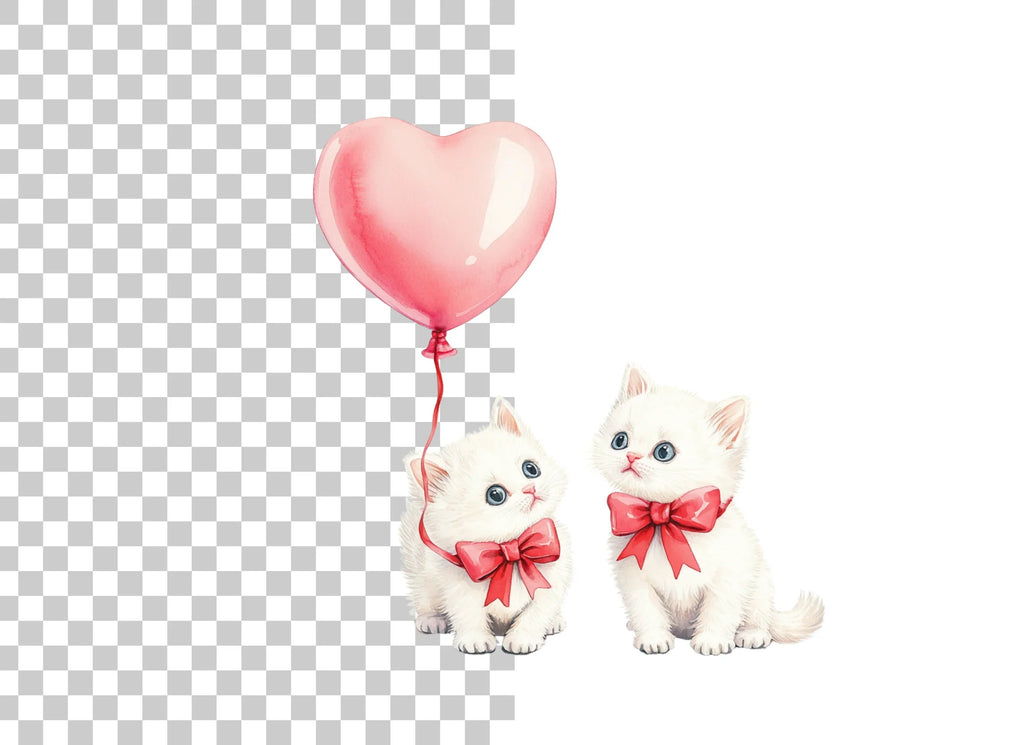 Cute Kittens with Pink Heart Balloons Clipart Bundle