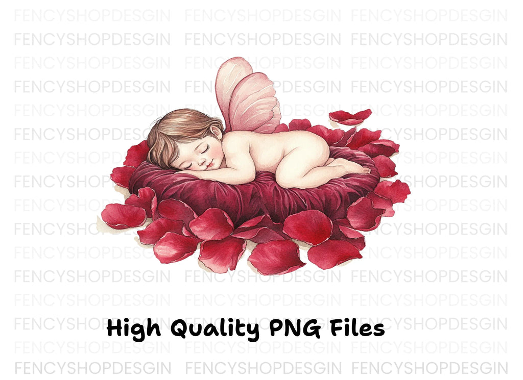 Sleeping Baby Angels on Rose Petals Clipart Bundle