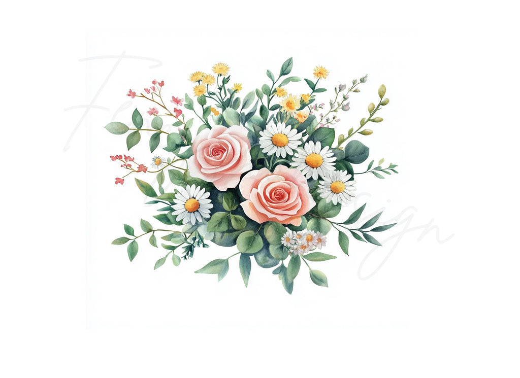 Roses and Daisies Bouquet Clipart Bundle