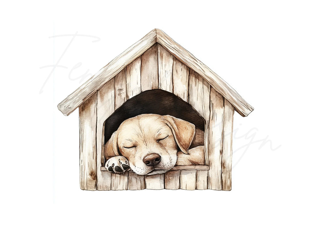 Sleeping Puppies in Dog Houses Clipart Bundle