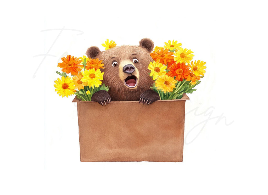 Cute Bear with Marigold Flowers Clipart Bundle