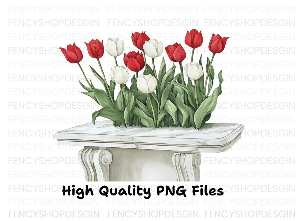 Vibrant Red and White Tulip Clipart Bundle