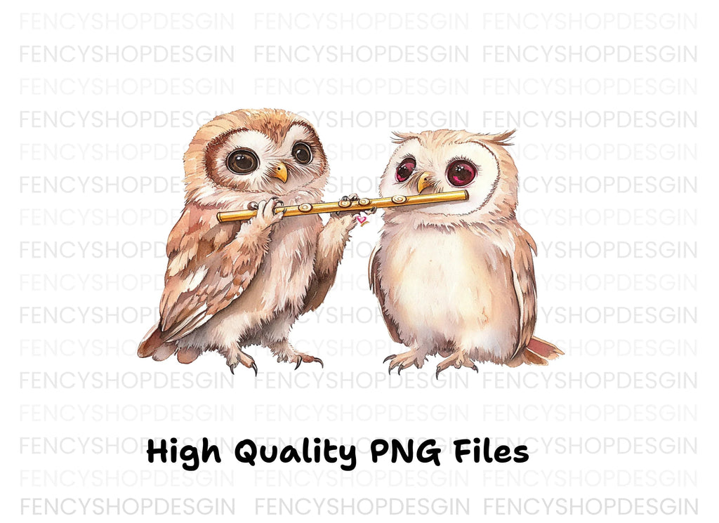 Cute Owls Playing Flute Clipart Bundle