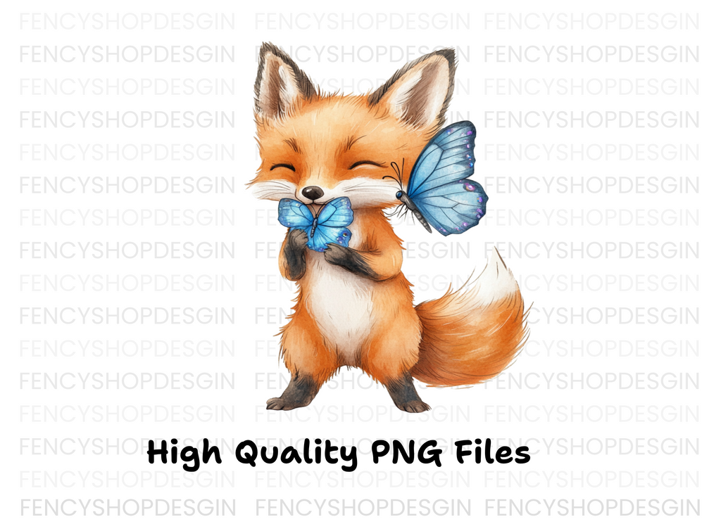 Cute Fox with Blue Butterflies Clipart Bundle