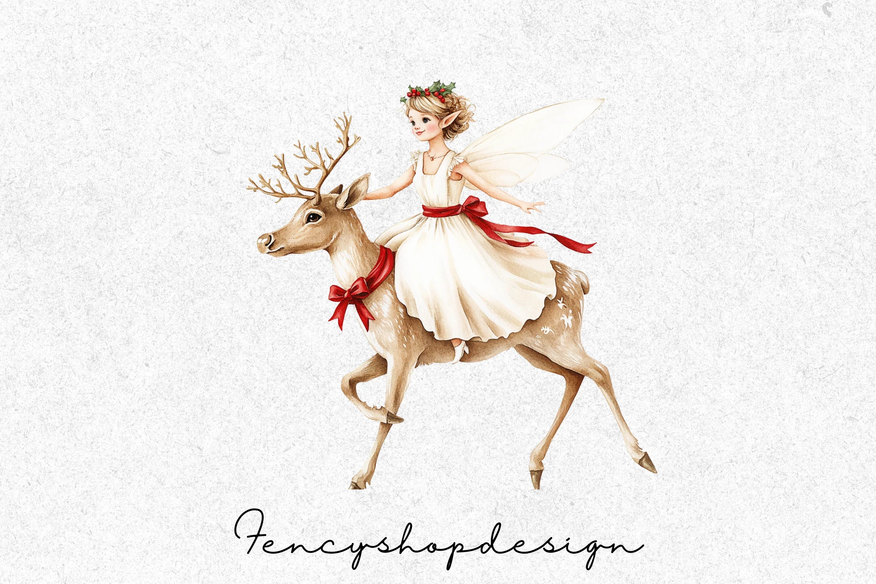 Christmas Fairies Riding Reindeer Clipart Bundle