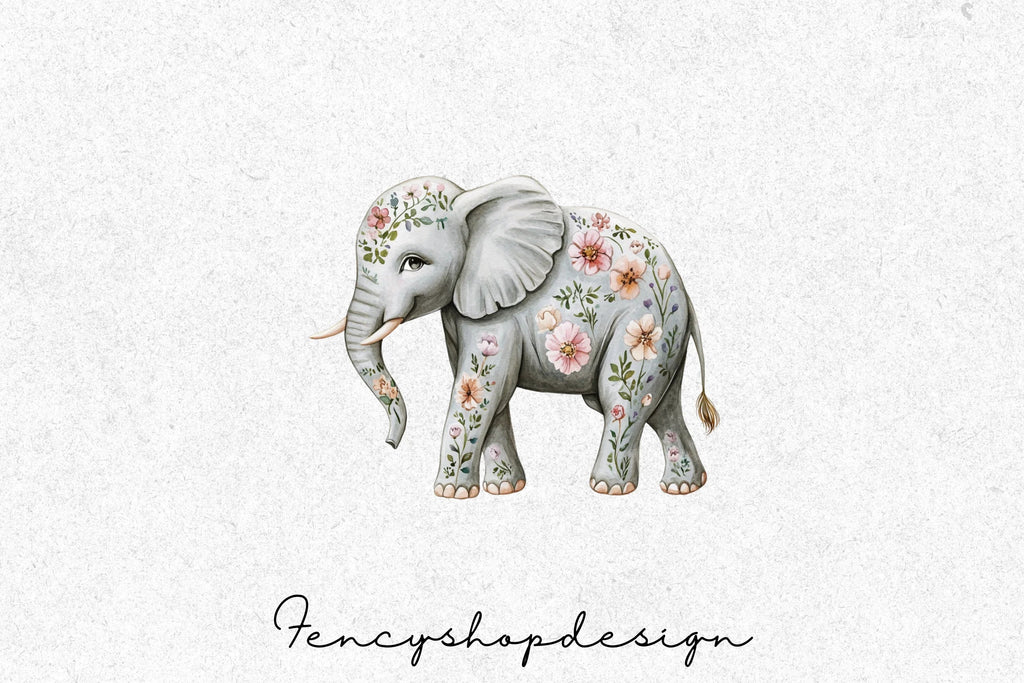 Floral Baby Elephant Clipart Bundle