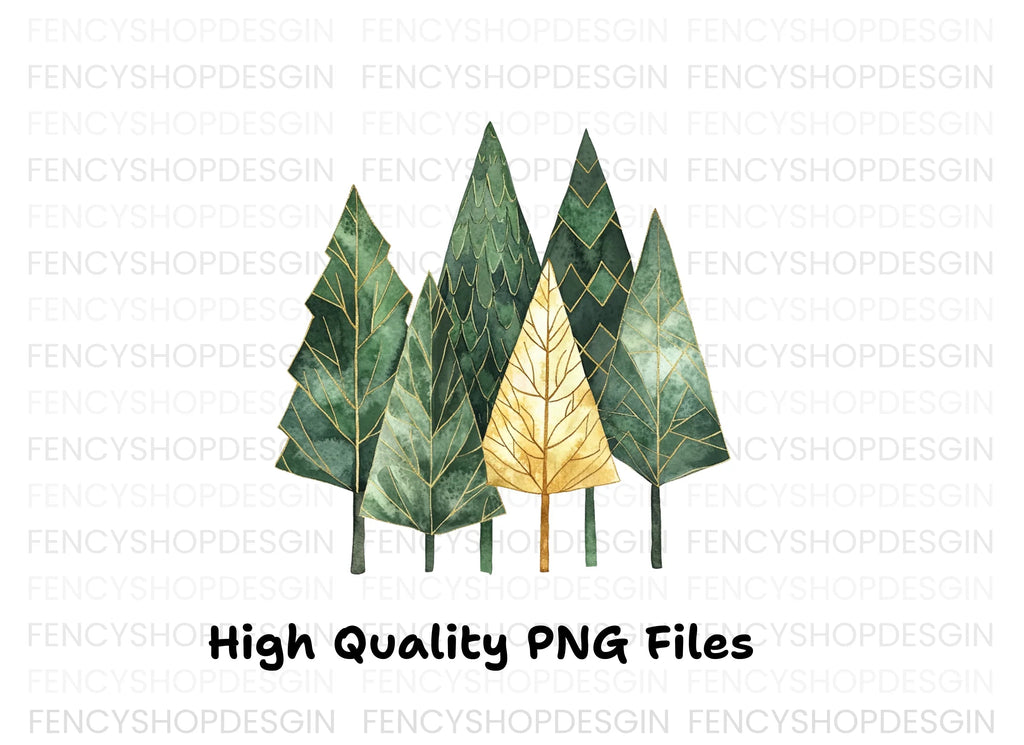Geometric Gold and Green Forest Clipart Bundle