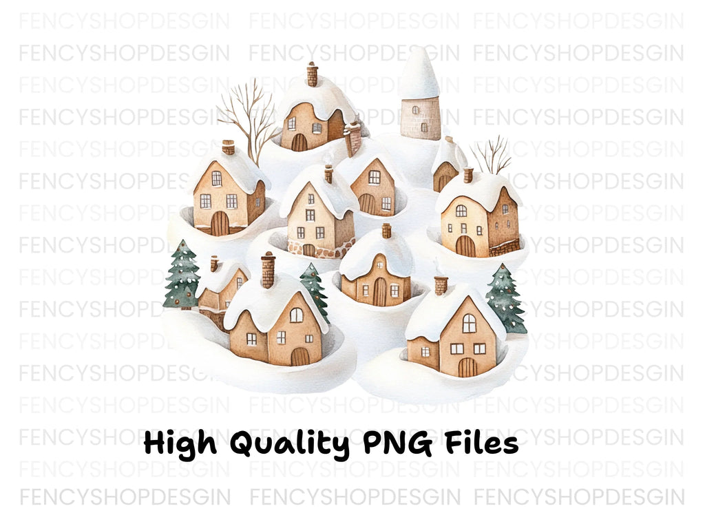 Snowy Village Landscape Clipart Bundle