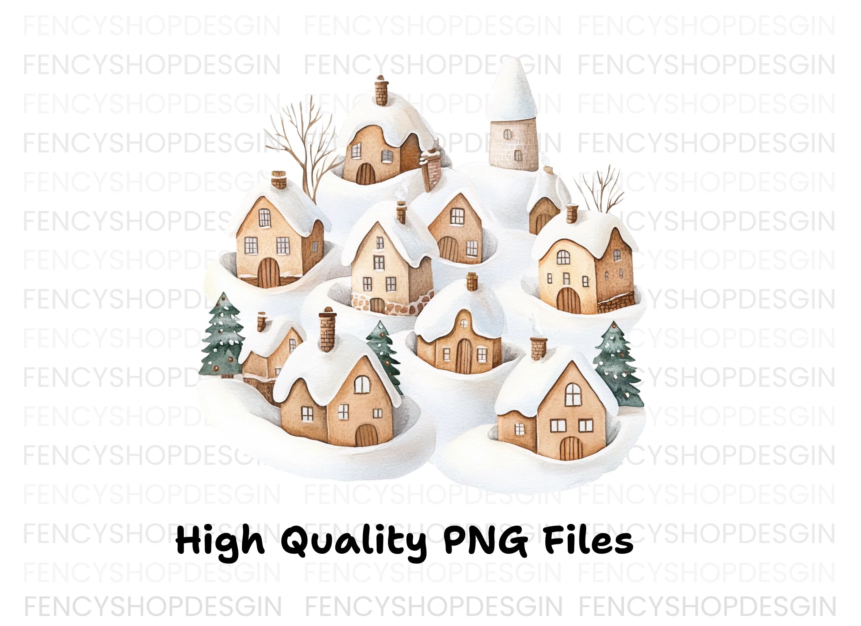 Snowy Village Landscape Clipart Bundle