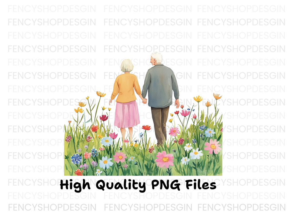 Elderly Couple Walking in Flower Field Clipart Bundle