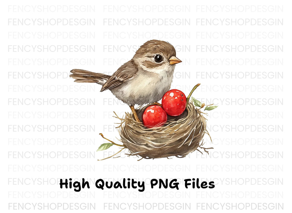 Cute Bird in Nest with Red Berries Clipart Bundle