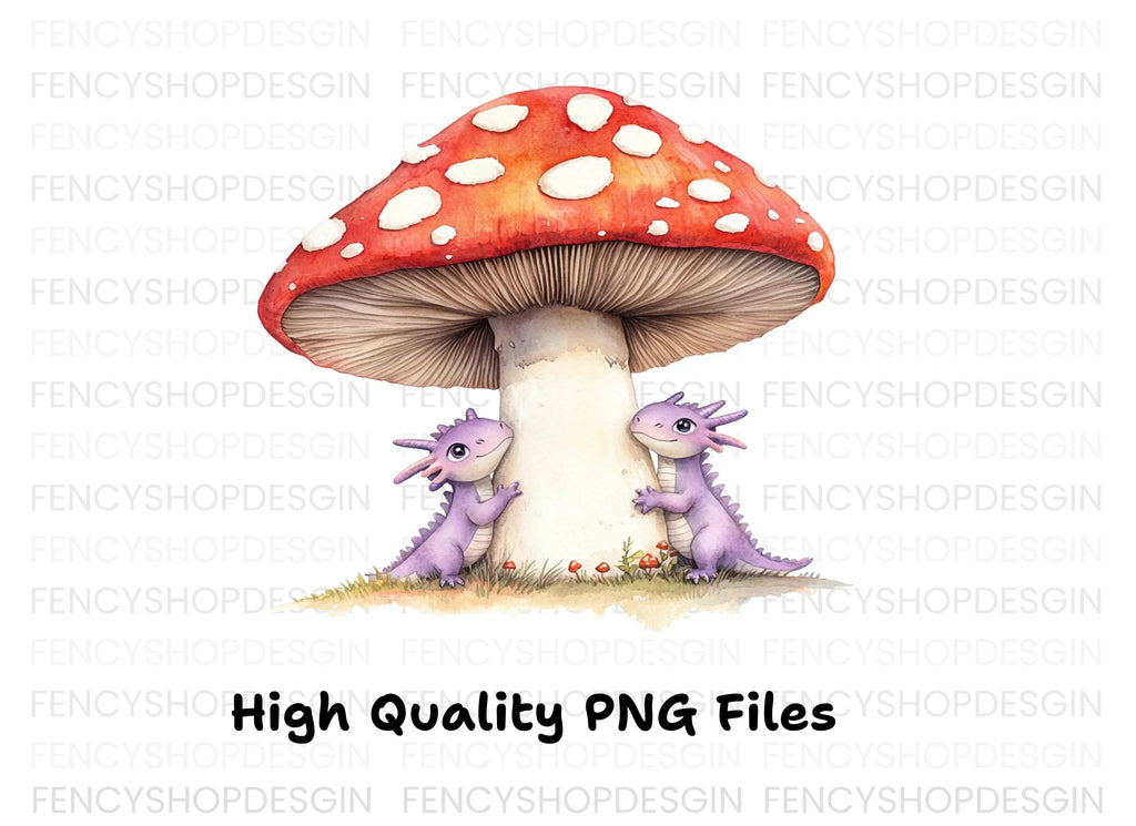 Tiny Dragons Under Mushroom Clipart Bundle