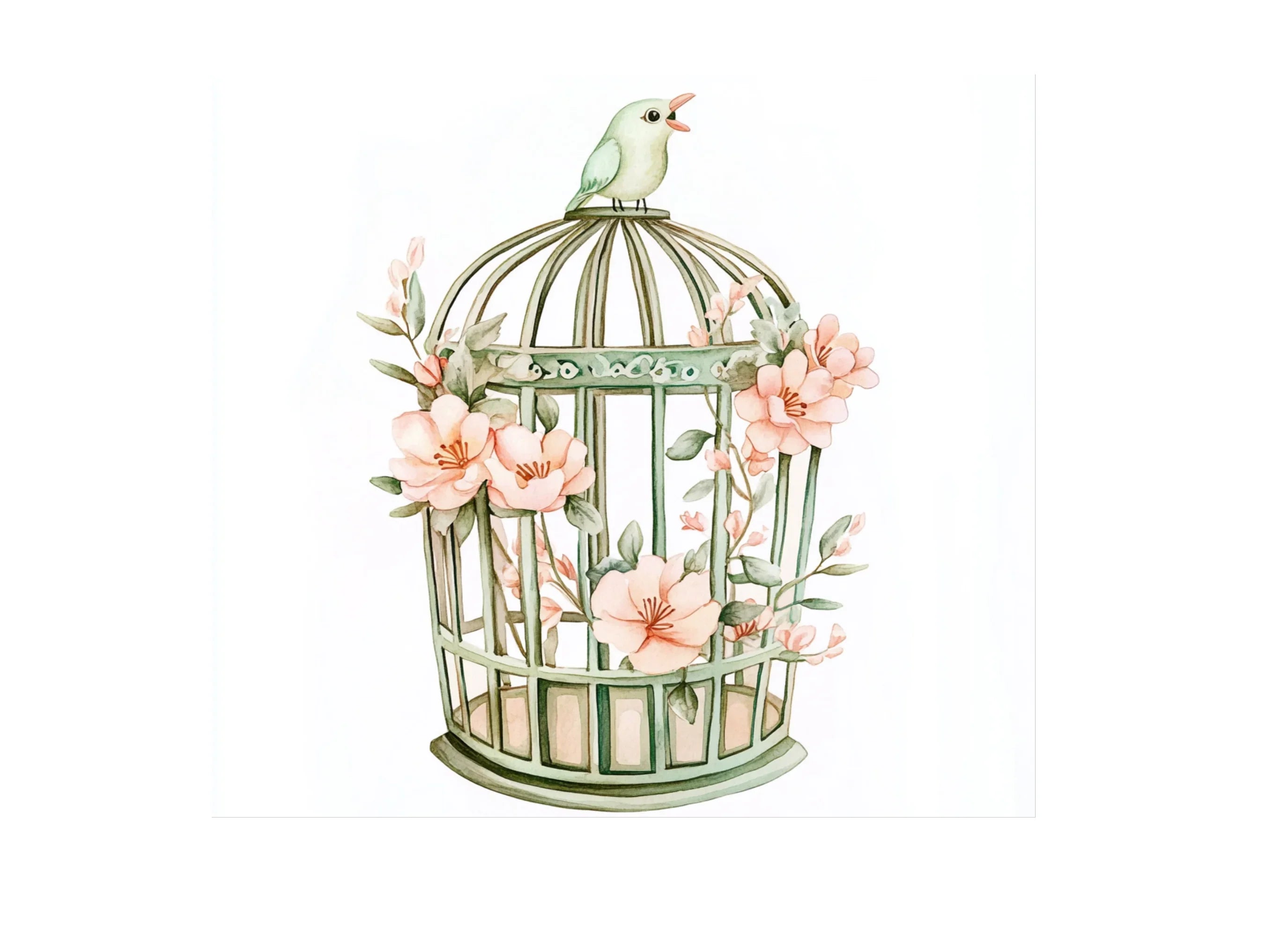 Floral Bird Cages with Delicate Blooms Clipart Bundle