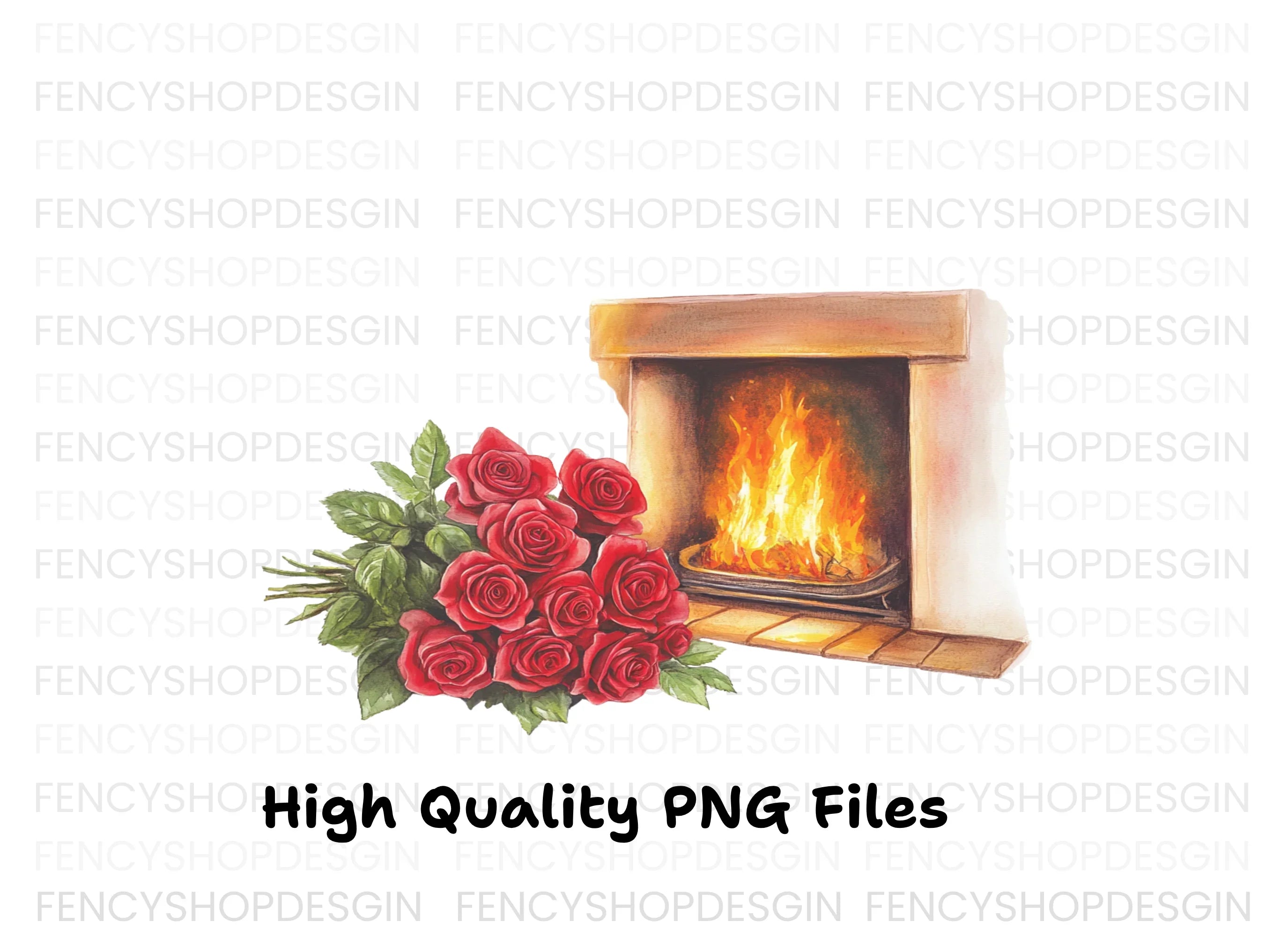 Cozy Fireplace with Red Roses Clipart Bundle