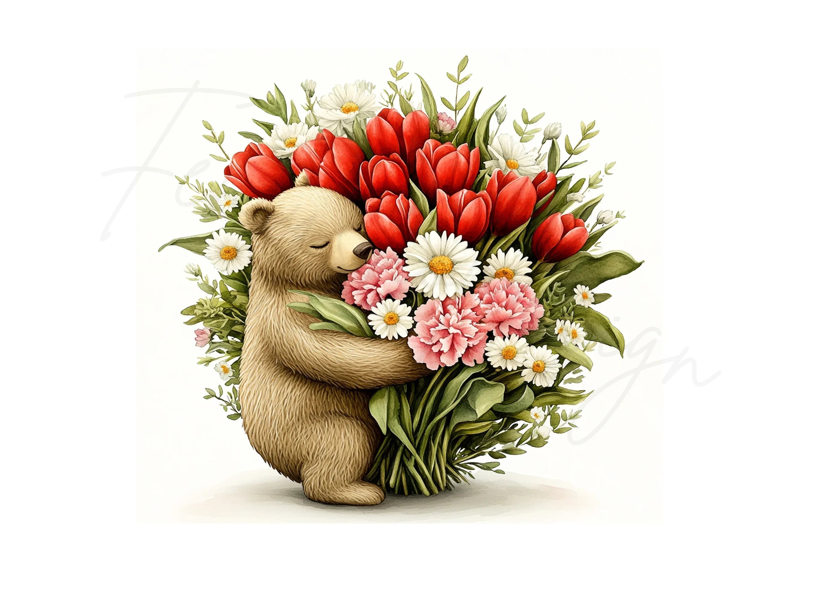 Cute Bear with Flower Bouquet Clipart Bundle