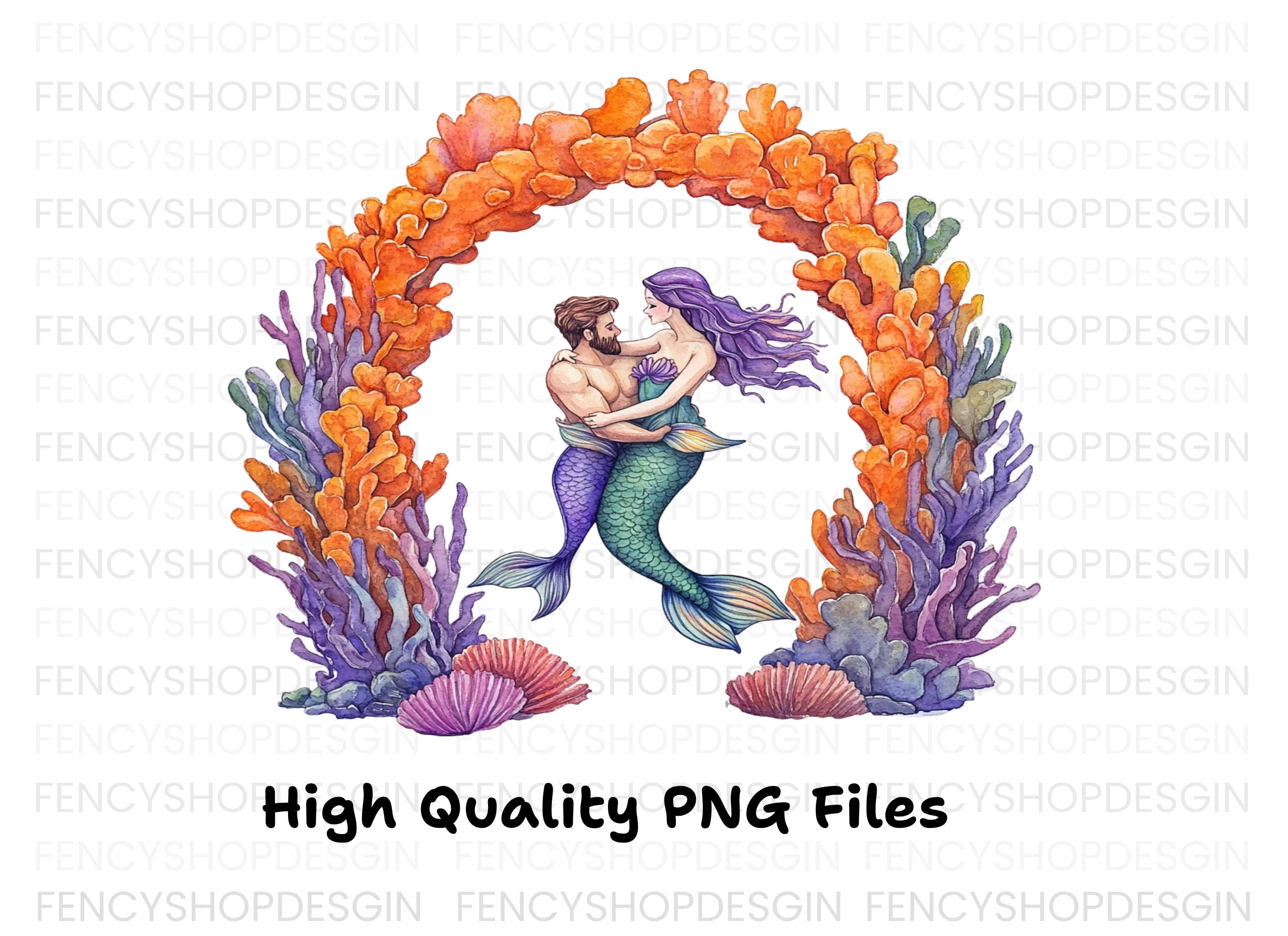 Mermaid Couple Coral Arch Clipart Bundle