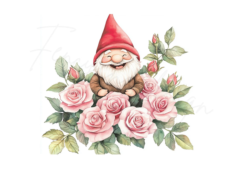 Happy Gnomes with Pink Roses Clipart Bundle