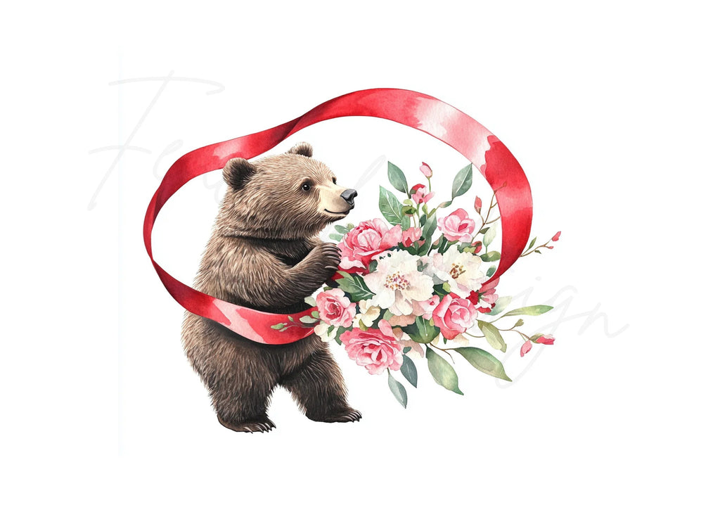 Cute Bear with Red Ribbon Clipart Bundle