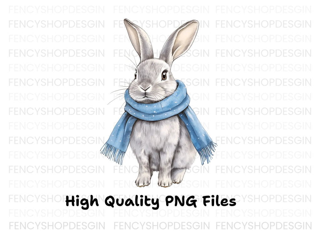 Cute Grey Bunnies with Blue Scarves Clipart Bundle