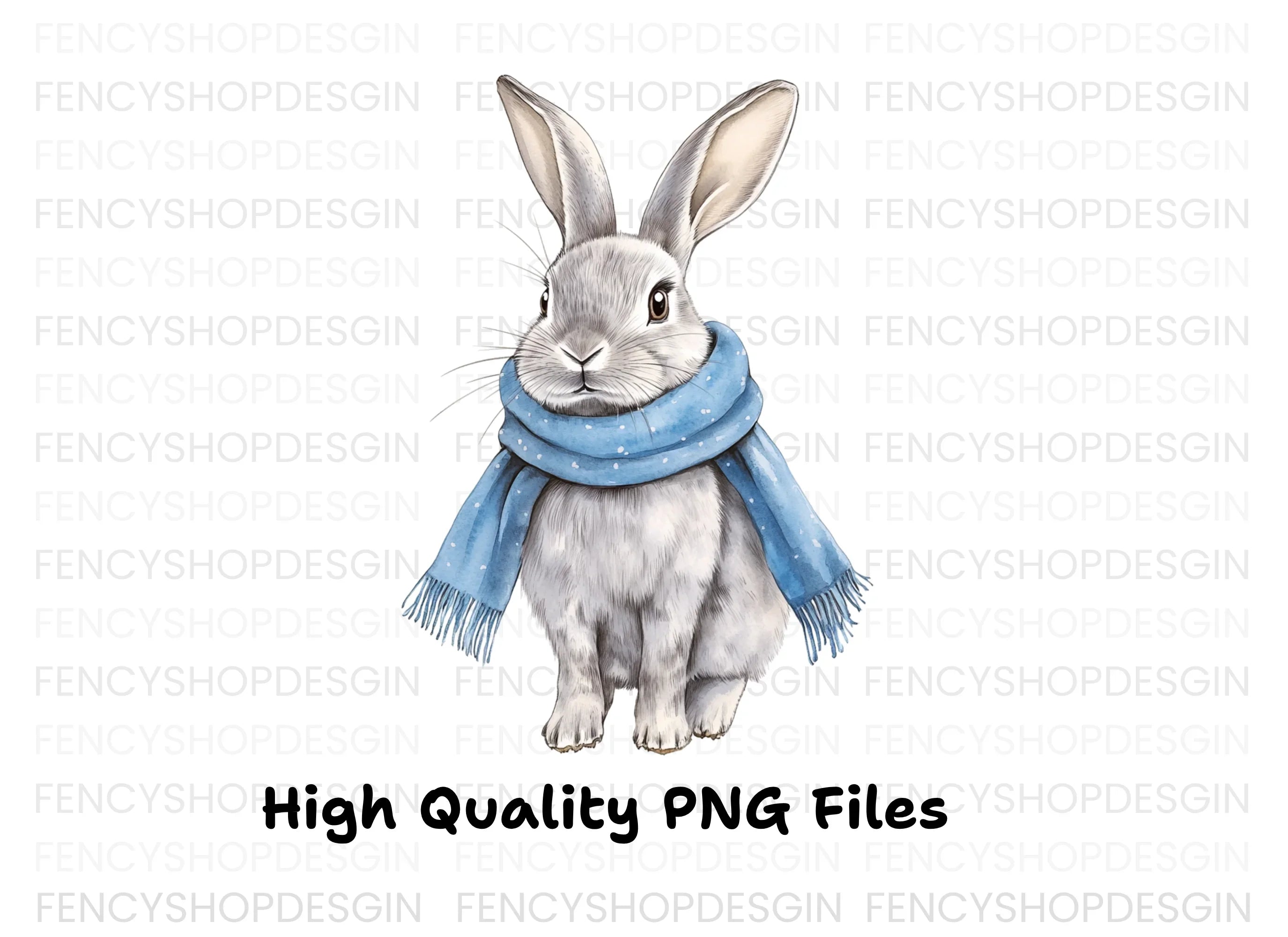 Cute Grey Bunnies with Blue Scarves Clipart Bundle
