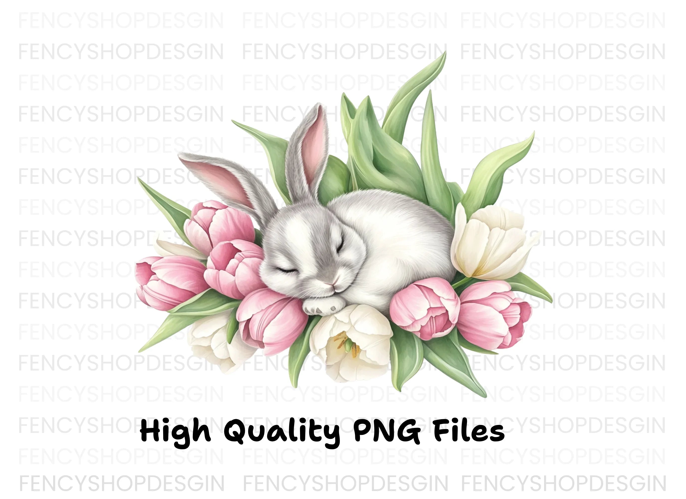 Sleeping Bunny in Tulip Bouquet Clipart Bundle