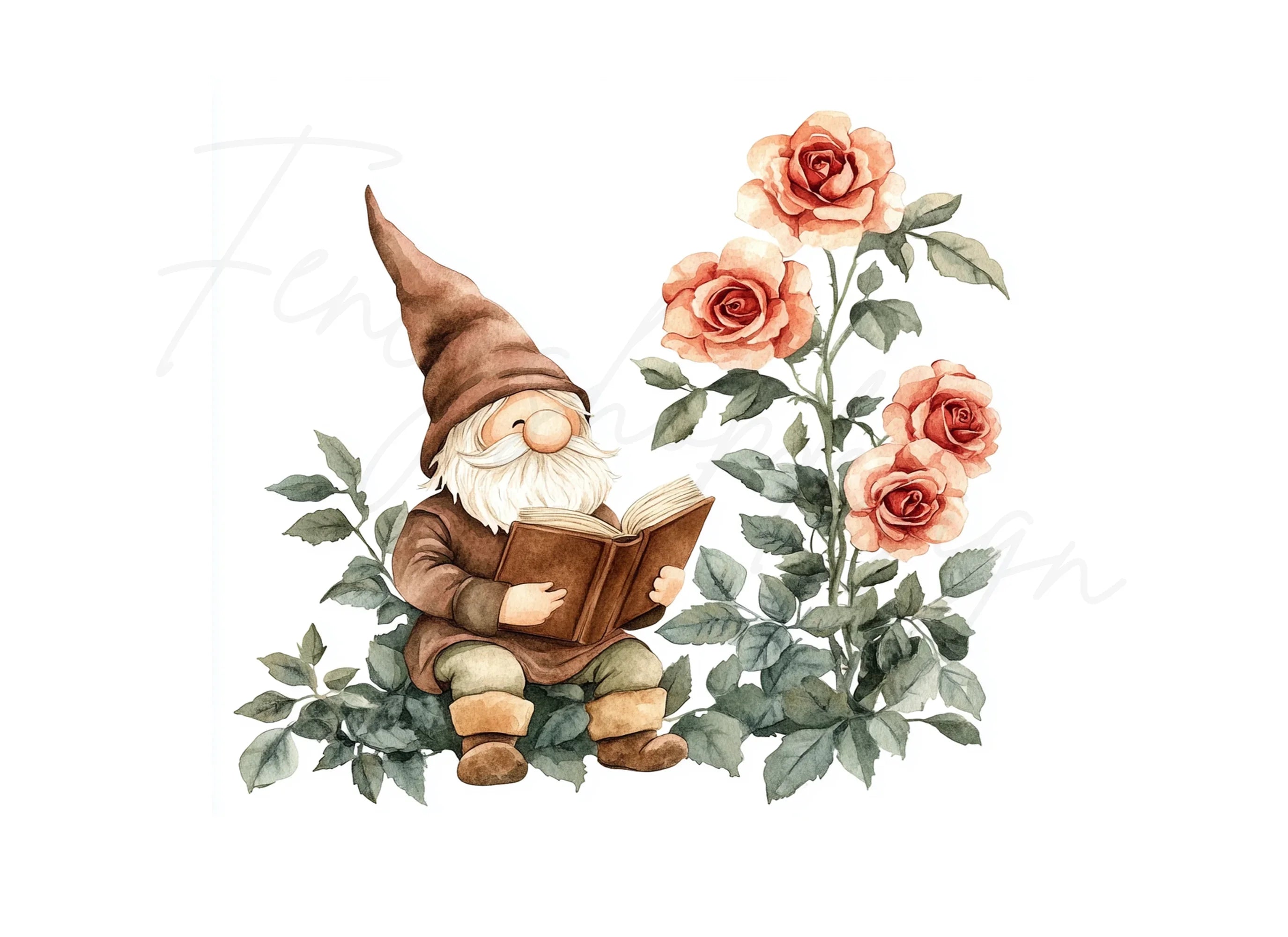 Gnome Reading Book with Rose Clipart Bundle