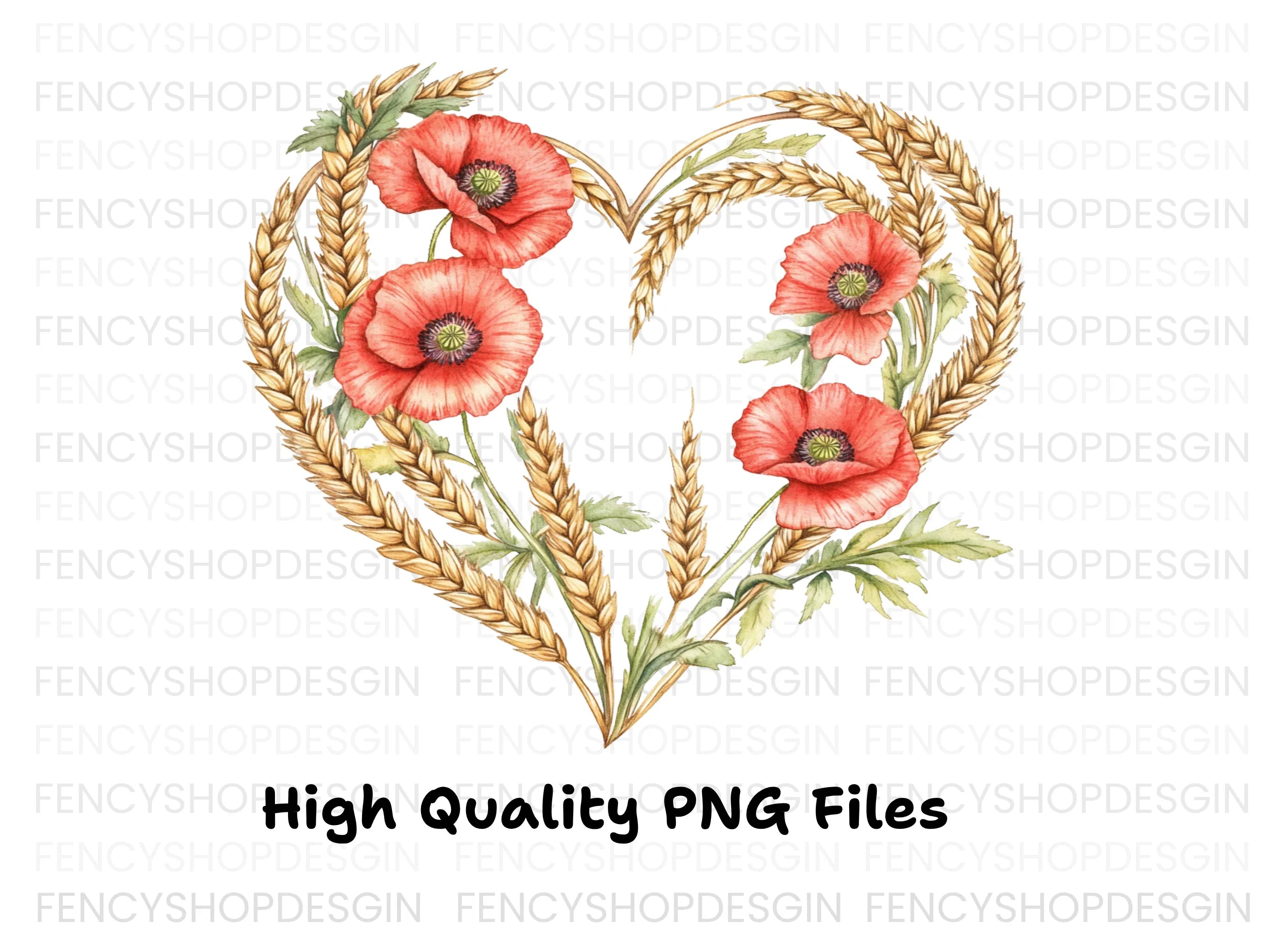 Poppy and Wheat Heart Clipart Bundle