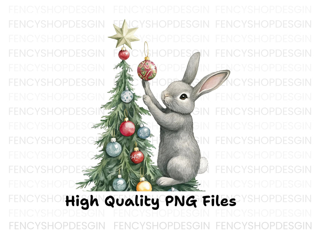 Gray Rabbit Holiday Tree Decorating Clipart Bundle