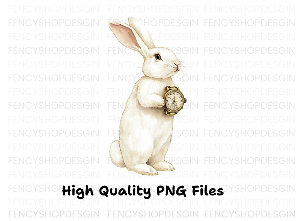 White Rabbit Holding Wristwatch Clipart Bundle