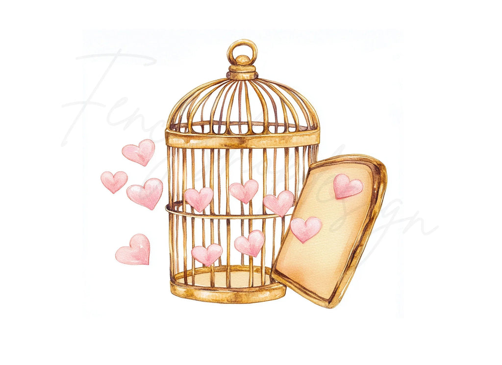 Birdcage with Pink Hearts Clipart Bundle