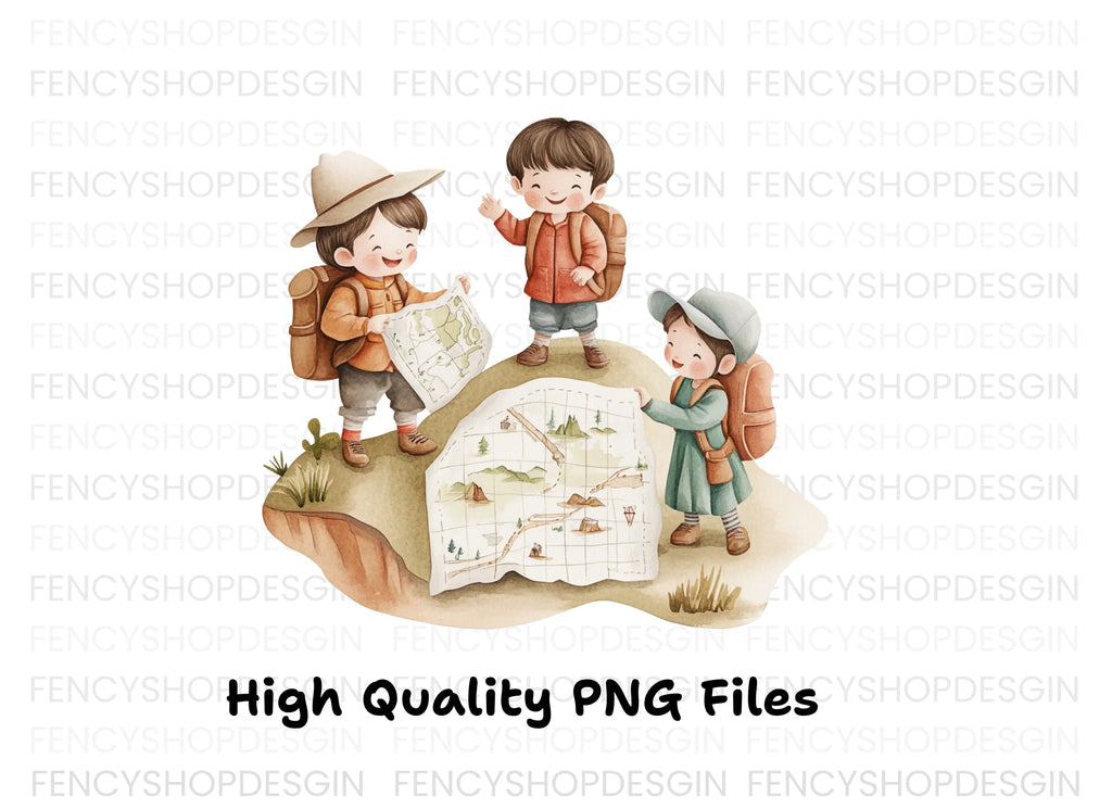 Happy Kids Exploring Map Clipart Bundle