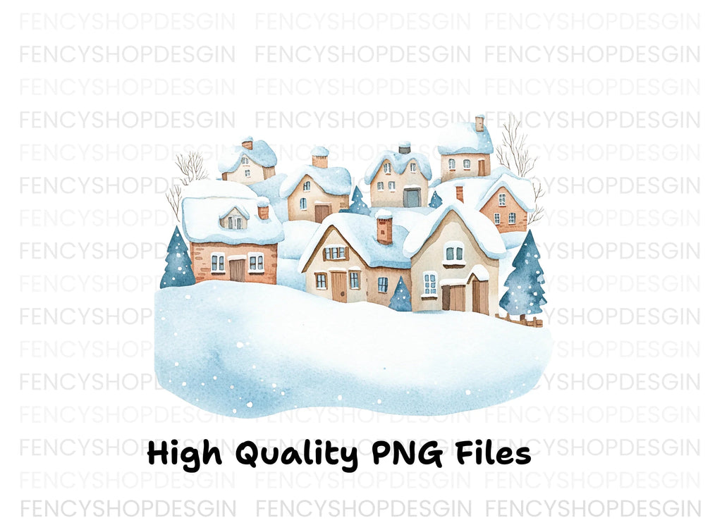 Snowy Winter Village Landscape Clipart Bundle