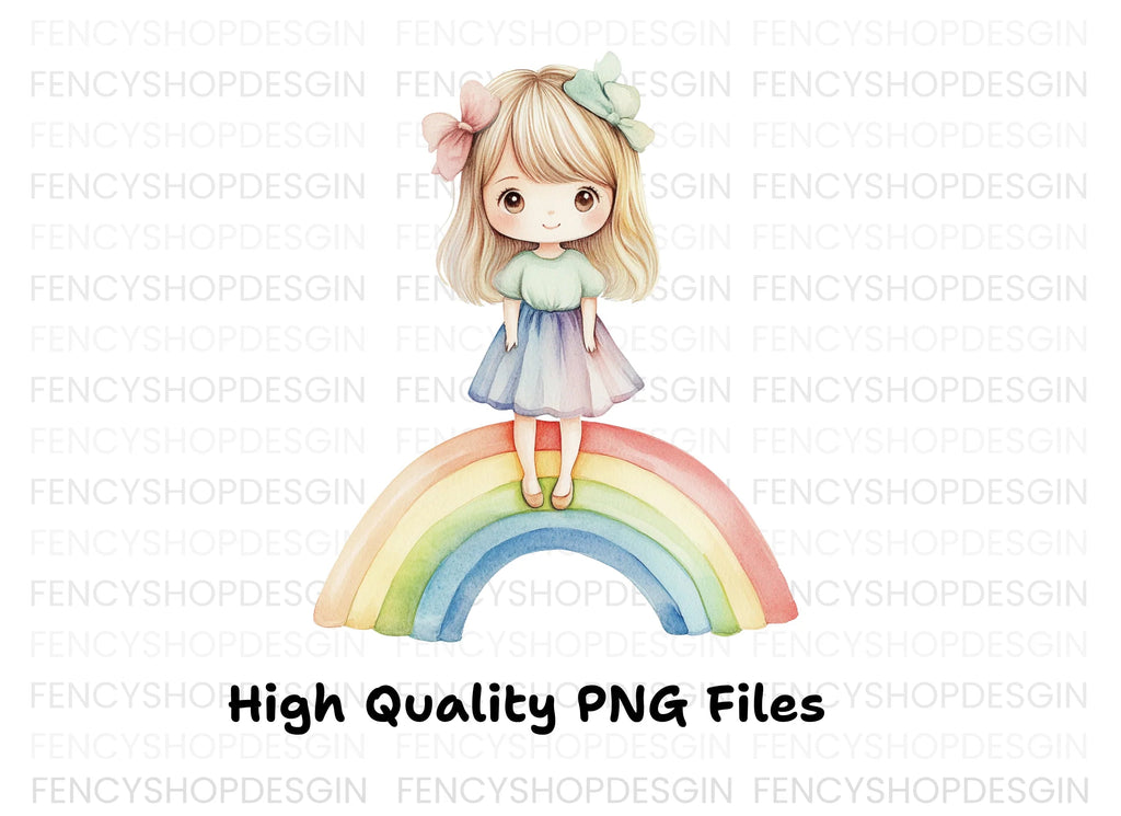 Adorable Girl Standing on Rainbow Clipart Bundle