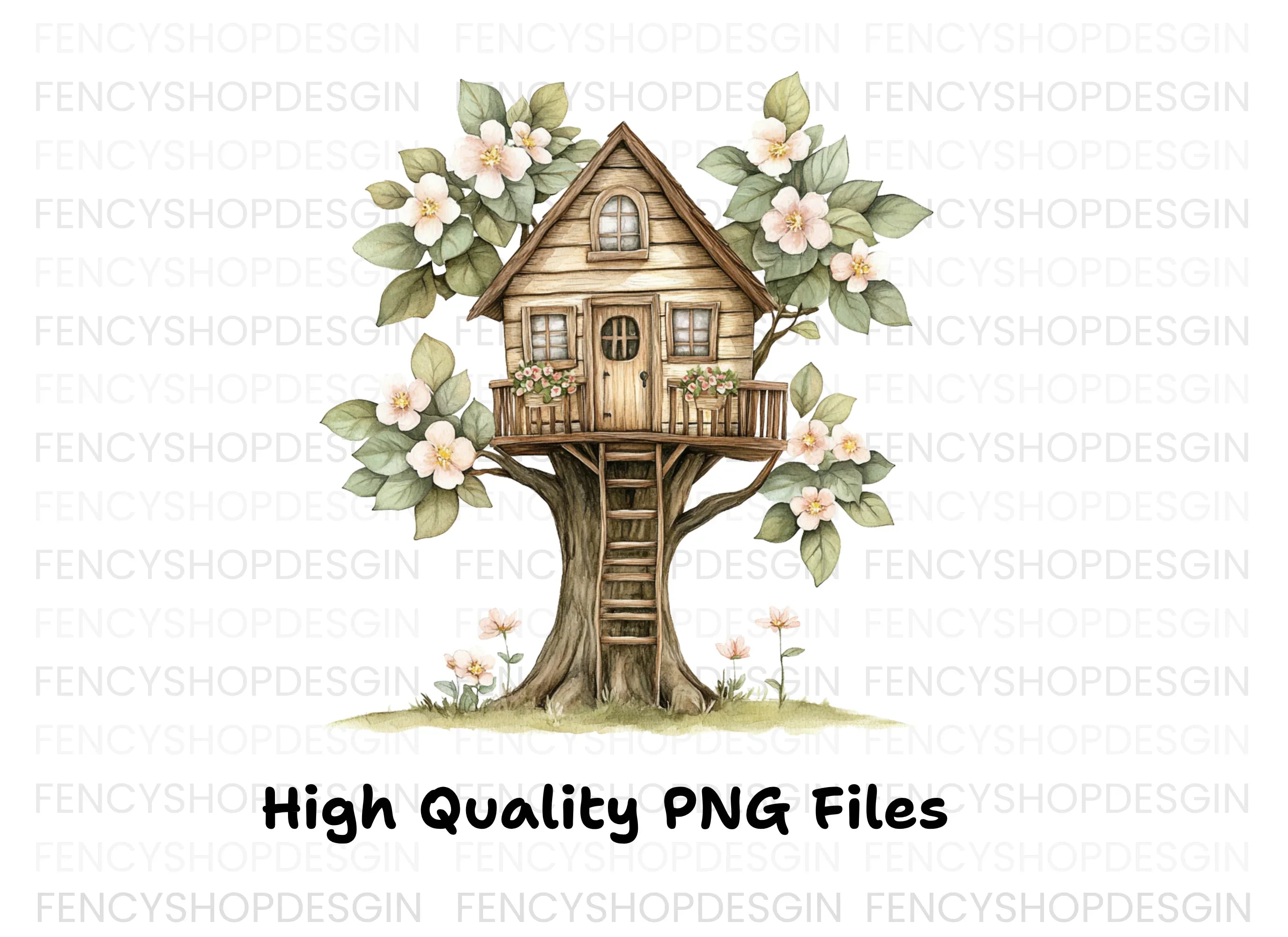 Cozy Treehouse with Pink Blossoms Clipart Bundle