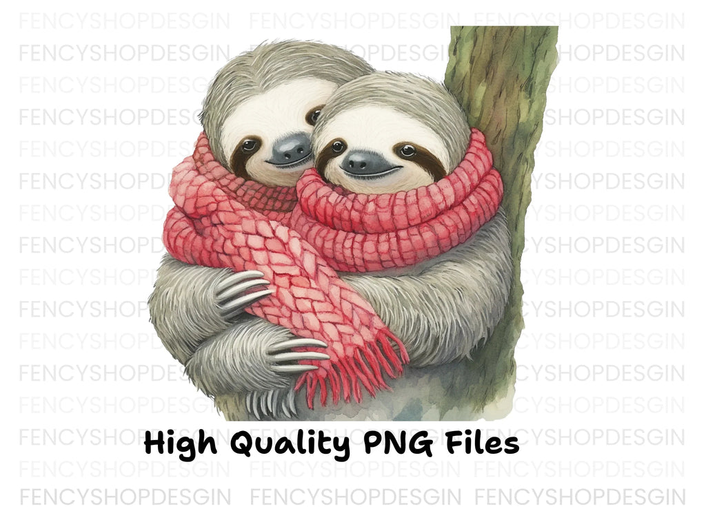 Cute Sloth Couple in Winter Scarves Clipart Bundle