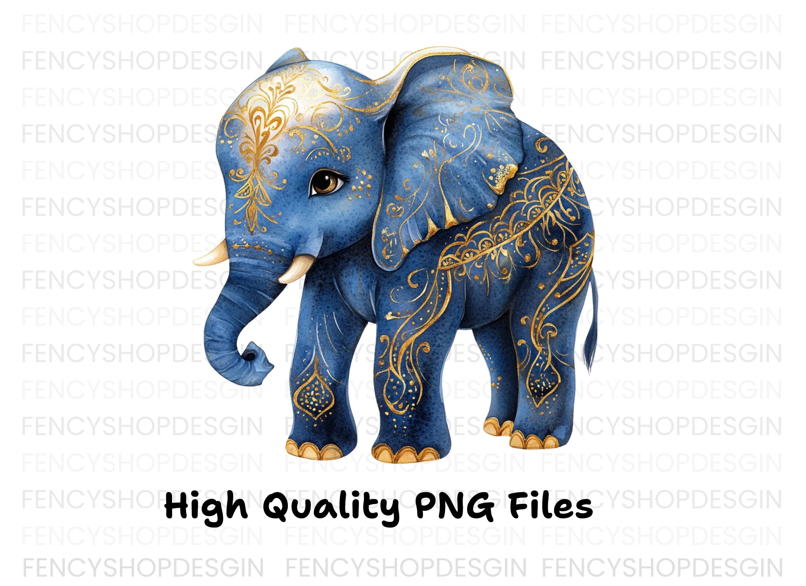 Blue Elephant with Golden Ornaments Clipart Bundle