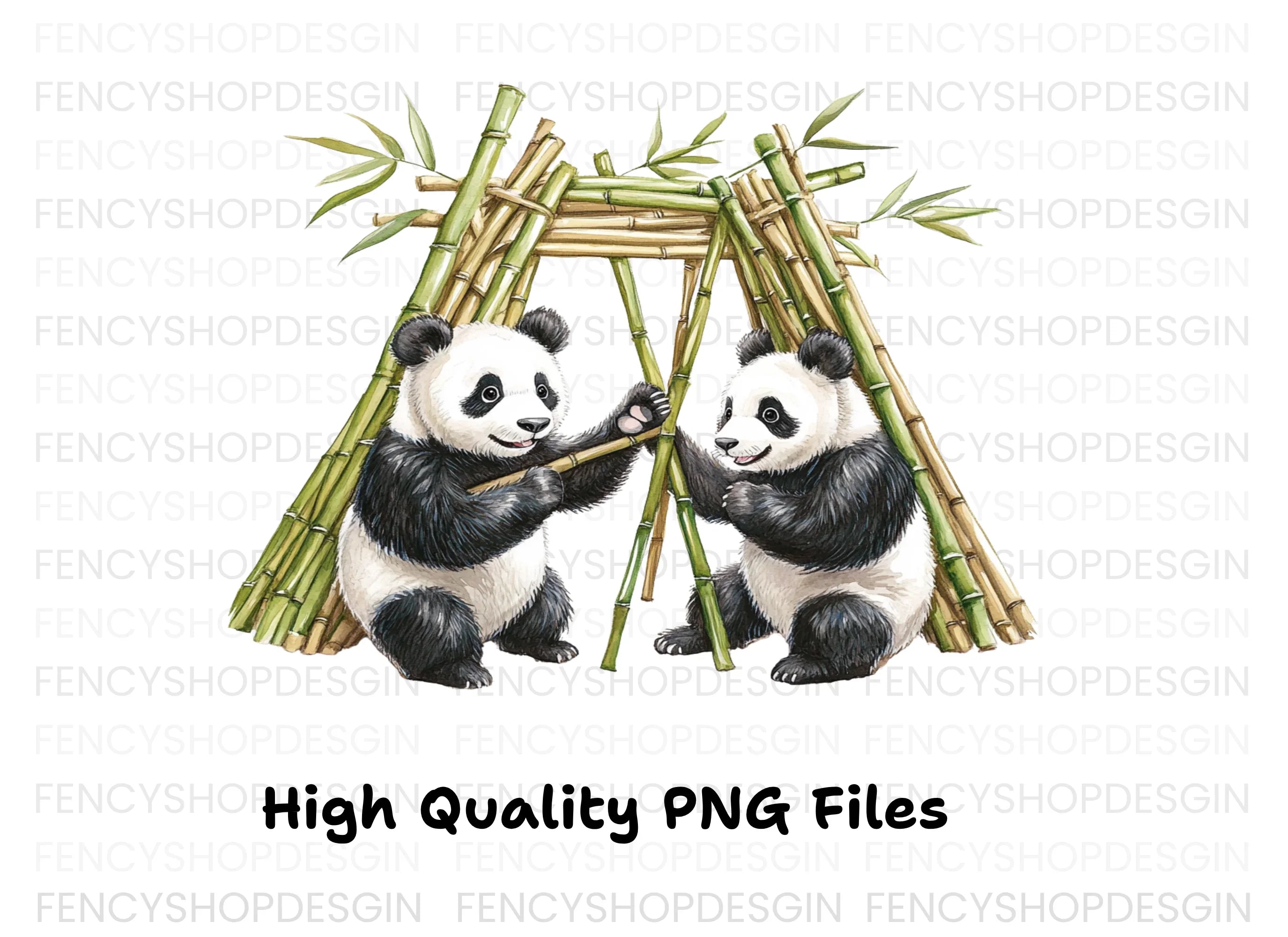 Playful Pandas with Bamboo Hut Clipart Bundle