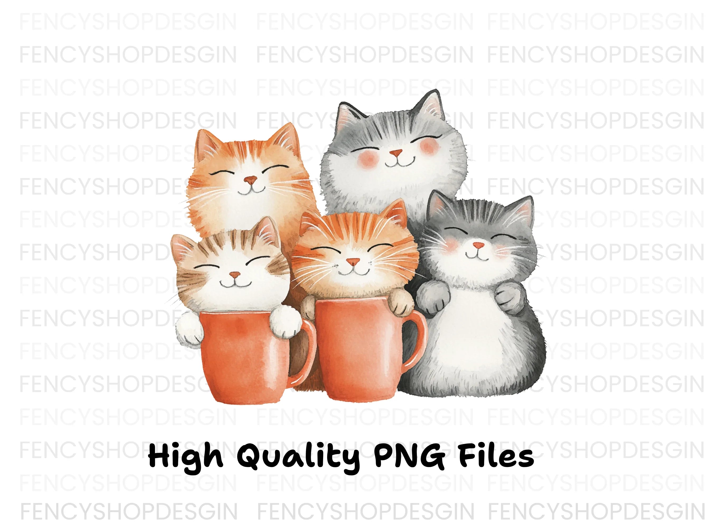 Happy Cats in Mugs Clipart Bundle