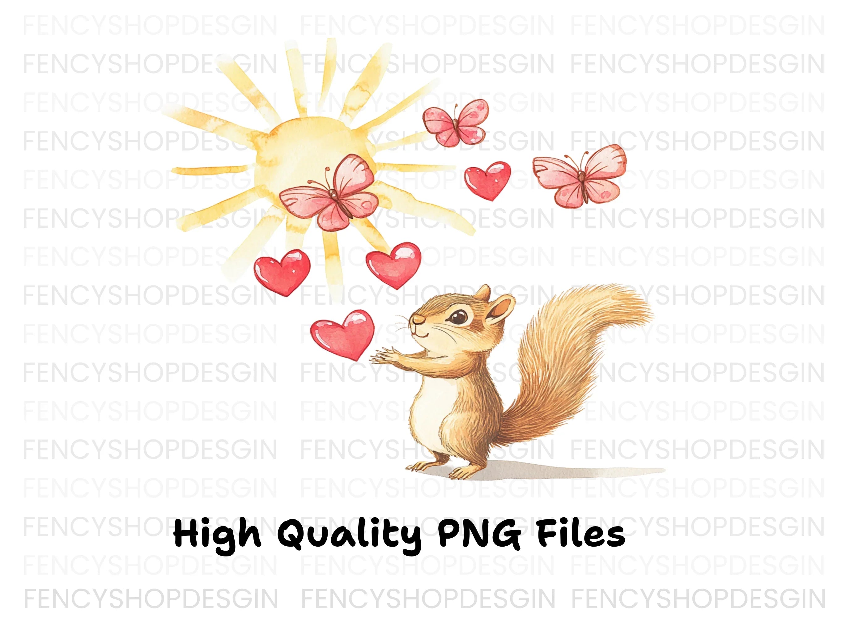 Happy Squirrel with Hearts and Butterflies Clipart Bundle
