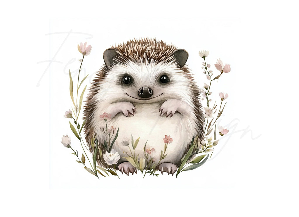 Happy Hedgehog in Wildflowers Clipart Bundle