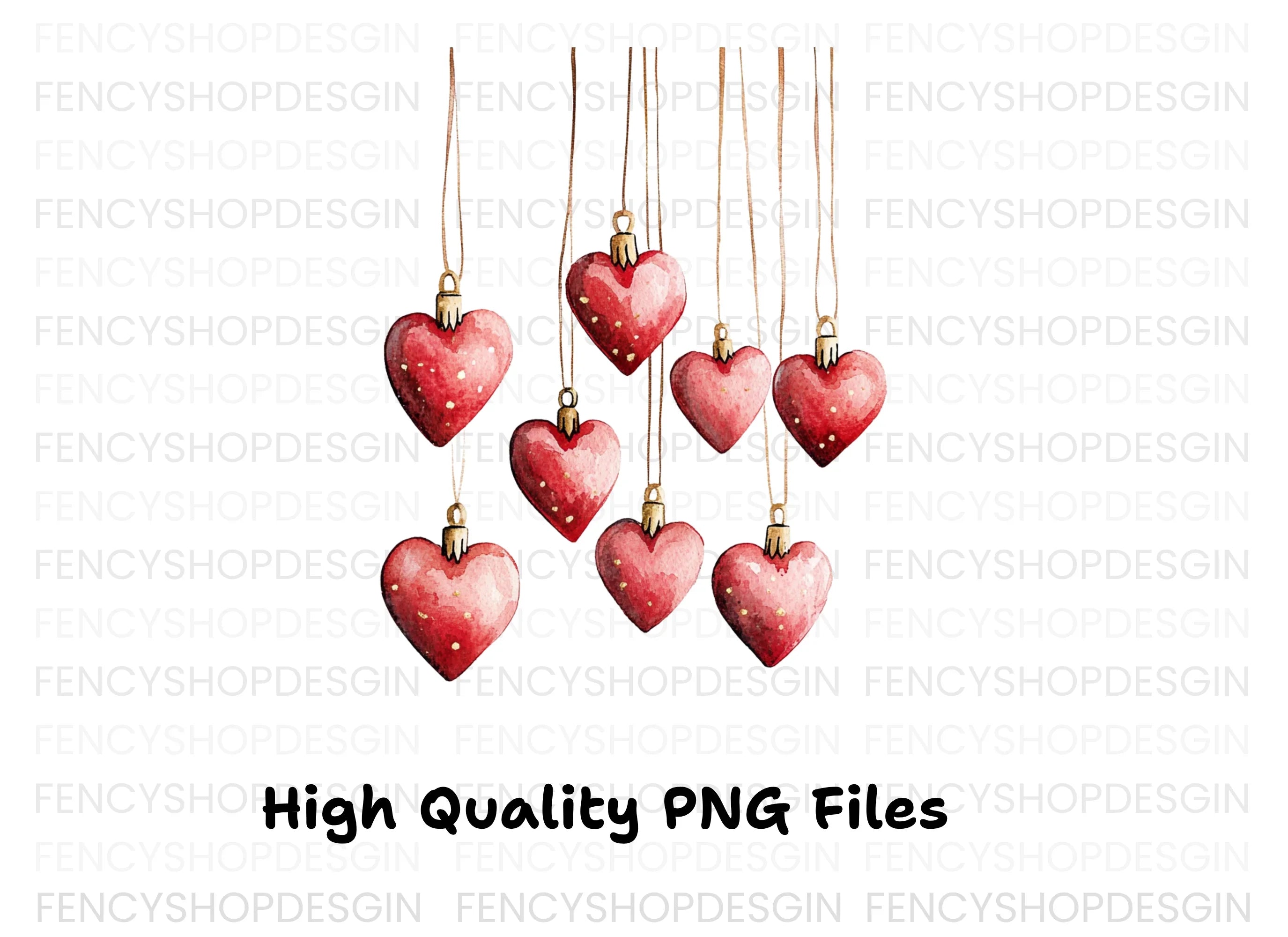 Hanging Red Heart Ornaments Clipart Bundle
